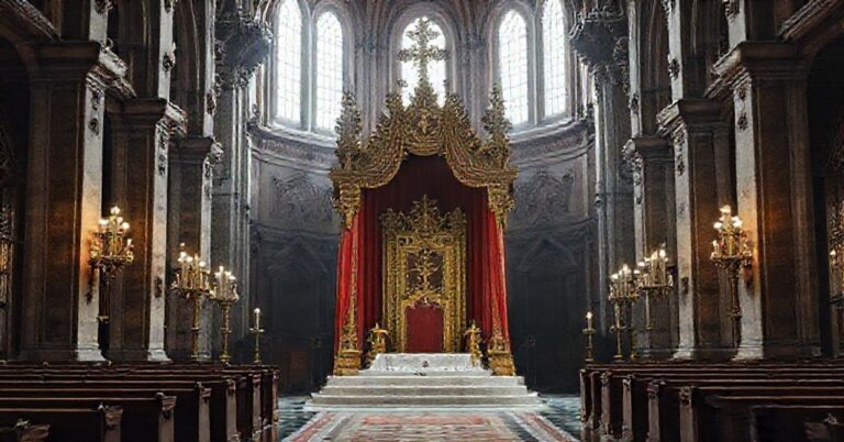 Wnętrze katedry na Wawelu z pustym tronem biskupim i baldachimem koronacyjnym, symbolizujące braku autentycznej sukcesji apostolskiej podczas schizmetycznej 'instalacji' 'kardynała' Grzegorza Rysia.