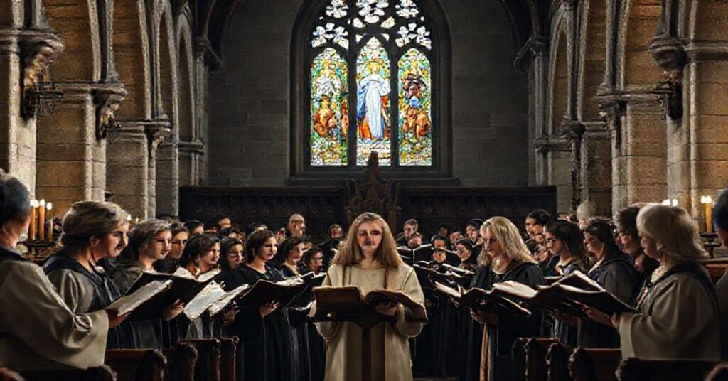 Tradycyjna schola śpiewająca gregoriański śpiew liturgiczny w kościele katolickim