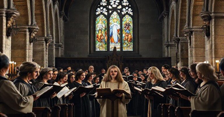 Tradycyjna schola śpiewająca gregoriański śpiew liturgiczny w kościele katolickim