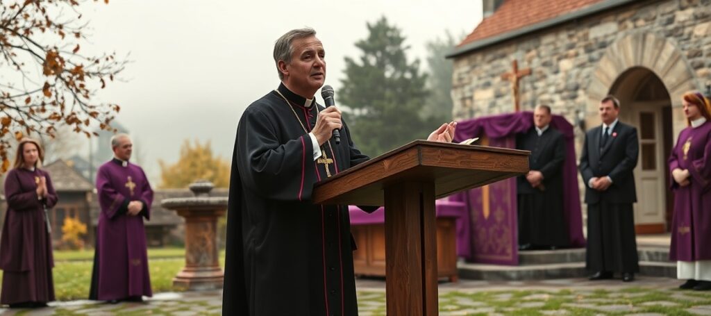Nowo konsekrowany "biskup" SSPX Pascal Schreiber wygłaszający kazanie podczas mszy pontyfikalnej w seminarium w Écône