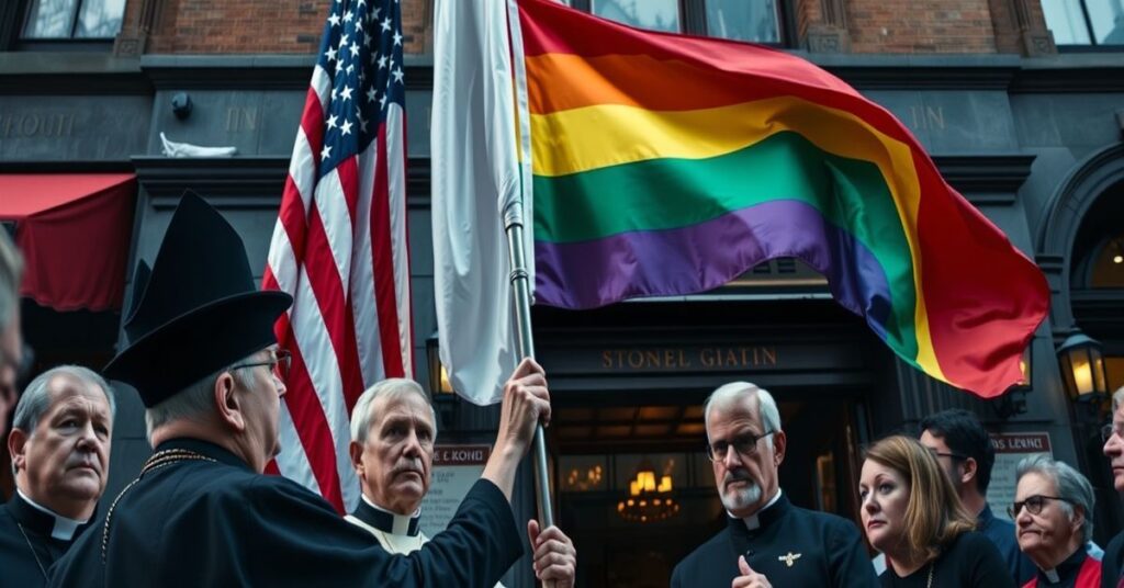 Obraz przedstawiający Chucka Schumera i aktywistów LGBT starających się umieścić flagę LGBT obok flagi amerykańskiej przy Stonewall Inn.