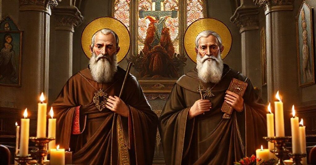 Obraz przedstawiający tradycyjne katolickie ukazanie Świętego Maksymiliana Kolbego i Karola Acutisa w uroczystym kościelnym otoczeniu.