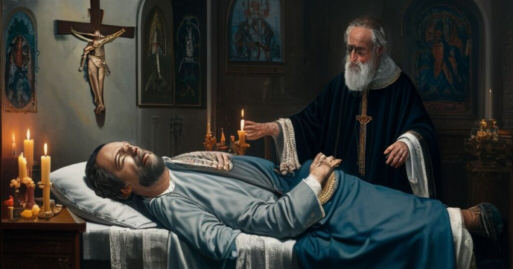 Ciemna i poważna scena przedstawiająca Scotta Adamsa na łożu śmierci otoczonego tradycyjnymi katolickimi symbolami w czasie jego rzekomego nawrócenia.