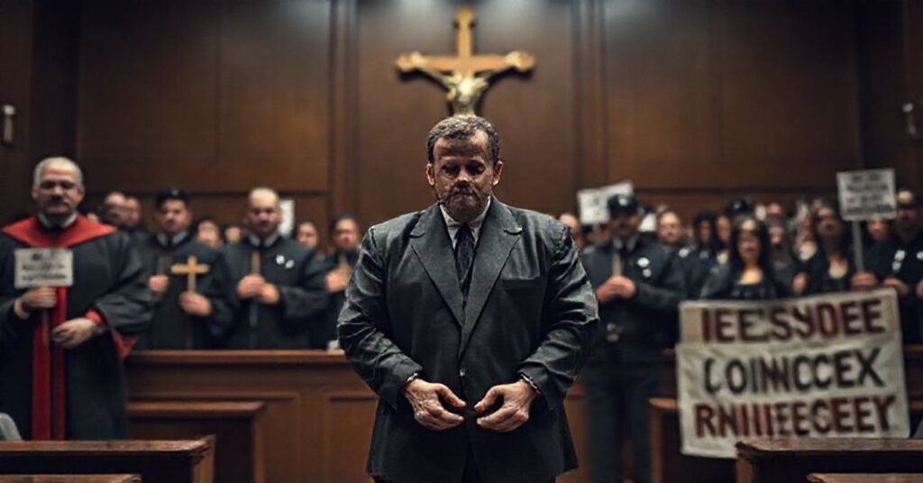 Scott Hockaday w sądzie po utracie apelu - poważny wyraz twarzy w otoczeniu sędziów i policjantów