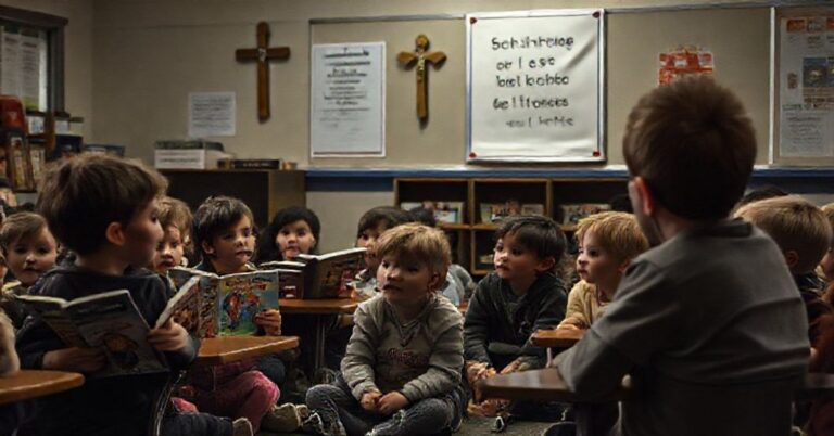 Pokój szkolny w Seattle Public Schools, gdzie dzieci słuchają lekcji o płci z książkami z zestawu "gender book kit".