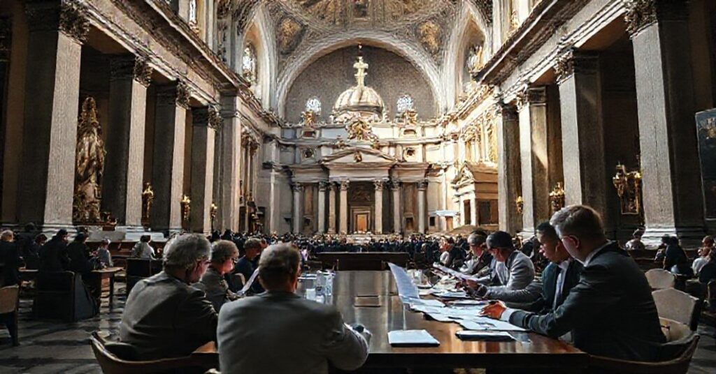 Pogląd na Bazyliki św. Piotra i św. Marii Major w Rzymie, przedstawiający ich tradycyjny blask i duchowe znaczenie. Scena ukazuje poważny charakter tych świętych miejsc z wierzącymi się modlącymi przed ołtarzami.