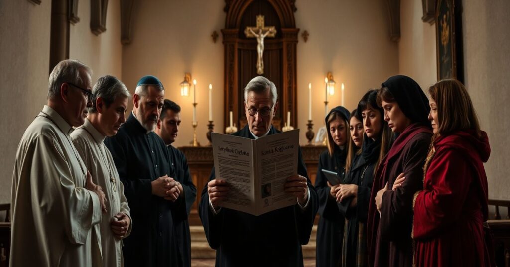 Grupa katolików w kościele zabiorywają się nad dokumentem o Indywidualnych Kontach Rozwojowych