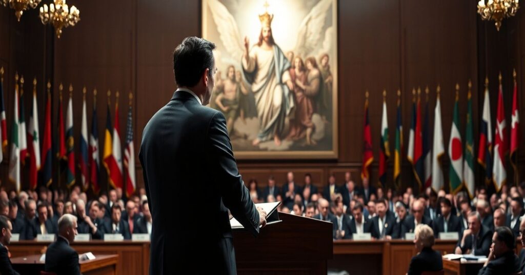 Tradycyjna katolicka scena przedstawiająca sekularne sojusze przeciw Królestwu Chrystusa z senatorem Marco Rubio na konferencji bezpieczeństwa.