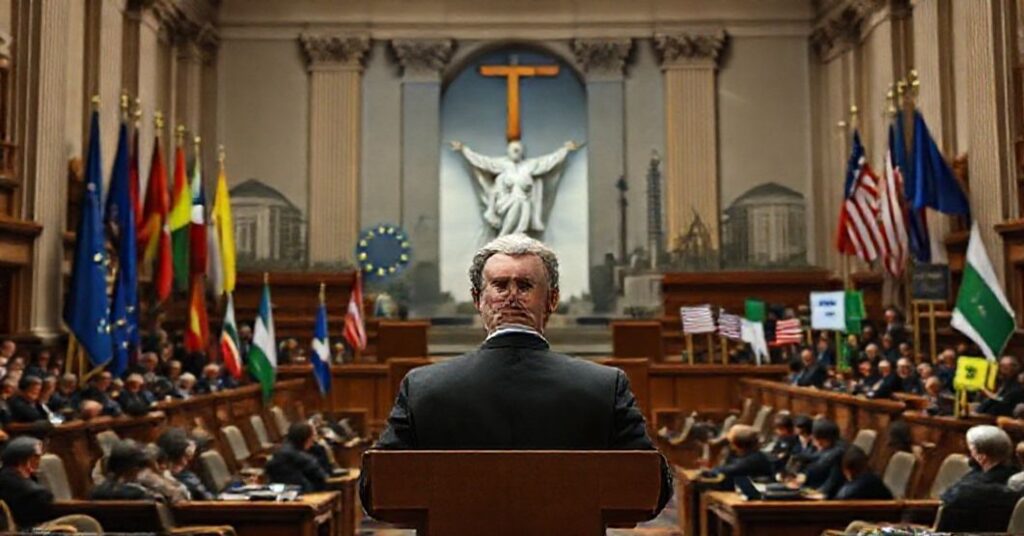 Antonio Costa w salach europejskich budynków z klasyczną architekturą podczas przemówienia na tle konfliktu ideologicznego pomiędzy Unią Europejską a Stanami Zjednoczonymi