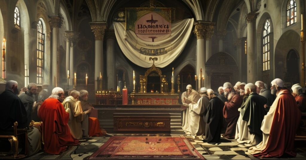 Sede Vacante - Scena w tradycyjnym kościele katolickim z wiernymi modlącymi się przed ołtarzem i banerem Sede Vacante na tle sporu między Kasimierzem Gurda i Danielem Galusem