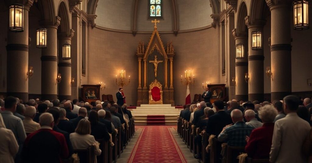 Solemne msze w tradycyjnym kościele z pustym tronem na pierwszym planie symbolizującym sede vacante. Wierni modlący się w błystającym świetle świec.
