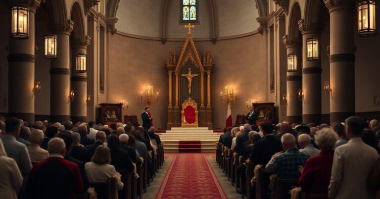 Solemne msze w tradycyjnym kościele z pustym tronem na pierwszym planie symbolizującym sede vacante. Wierni modlący się w błystającym świetle świec.