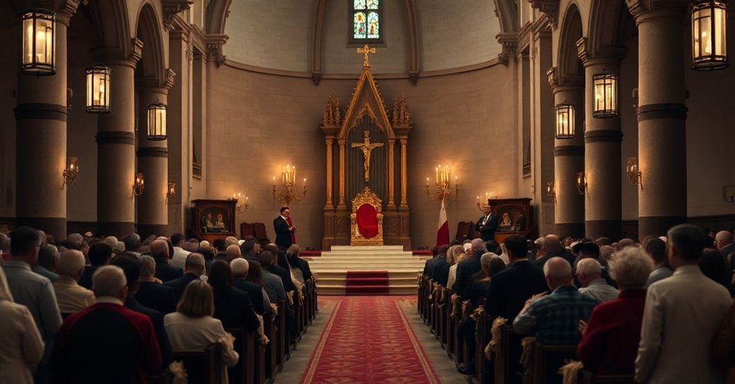 Solemne msze w tradycyjnym kościele z pustym tronem na pierwszym planie symbolizującym sede vacante. Wierni modlący się w błystającym świetle świec.