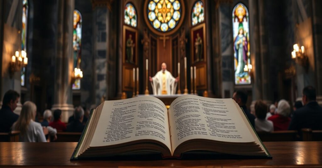 Wnętrze kościoła św. Pudencjany podczas tradycyjnej Mszy świętej w obrzędzie rzymskim z 1962 roku. Kapłan w ornacie odprawia liturgię przed skupionymi wiernymi.