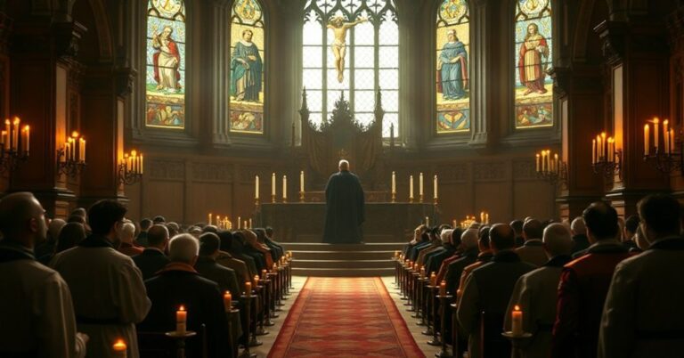 Wnętrze tradycyjnego kościoła katolickiego z pustym tronem papieskim i modlącymi się wiernymi podczas sede vacante