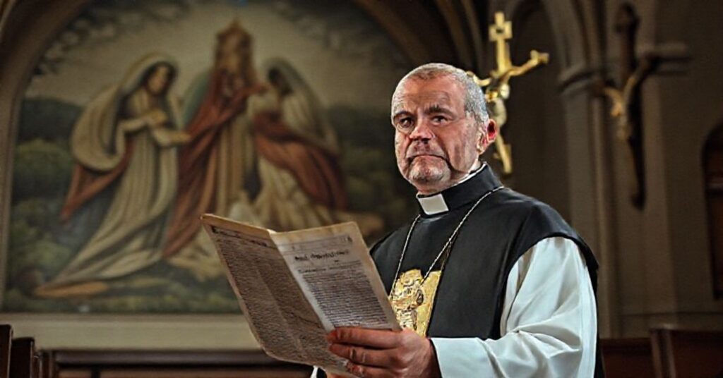 Ksiądz katolicki w tradycyjnych strojach liturgicznych trzyma kopię artykułu LifeSiteNews o Fatimie w zabytkowej kaplicy