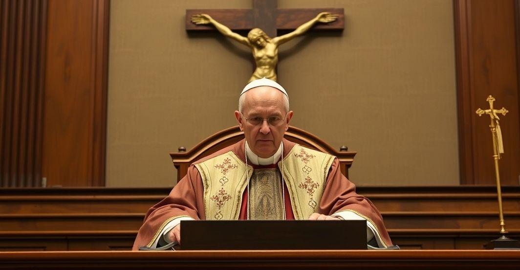 Sędzia katolicki w tradycyjnych szatach w sądzie, z krzyżem w tle, wyrazem powagi i krytyki wobec działań pomocowych dla nielegalnych migrantów, odzwierciedlając stanowisko sedevacantistyczne