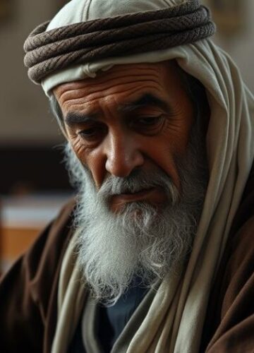 Chrześcijanin w wózku inwalidzkim podczas modlitwy – symbol męczeństwa w katolickim kontekście Realistyczny, pełen szacunku obraz starszego chrześcijanina w tradycyjnym stroju, modlącego się w kościele, symbolizujący męczeństwo i wierne świadectwo wiary w kontekście ataku na katolickiego ewangelizatora we Francji