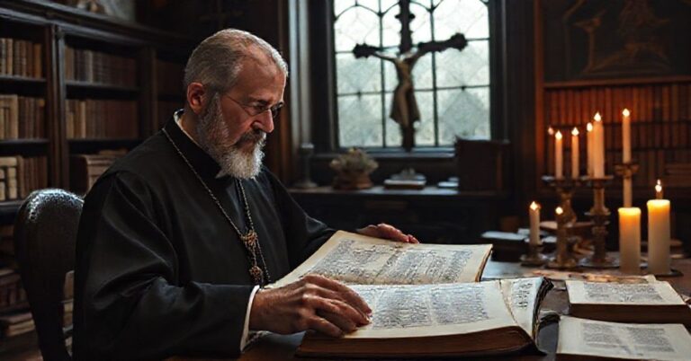 Sedevacantist kleryk bada dokumenty w tradycyjnym gabinecie teologicznym. Symboliczne przedstawienie krytyki nowoczesnych poglądów Marcina Zielińskiego na tle niezmiennej doktryny katolickiej