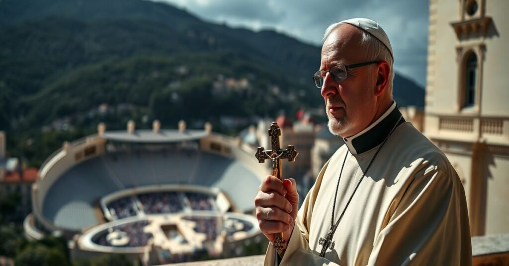 Pogląd tradycyjnego kapłana sedevacanta w kasztanie przed Pałacem Książęcym w Monako z widokiem na stadion Louis II.