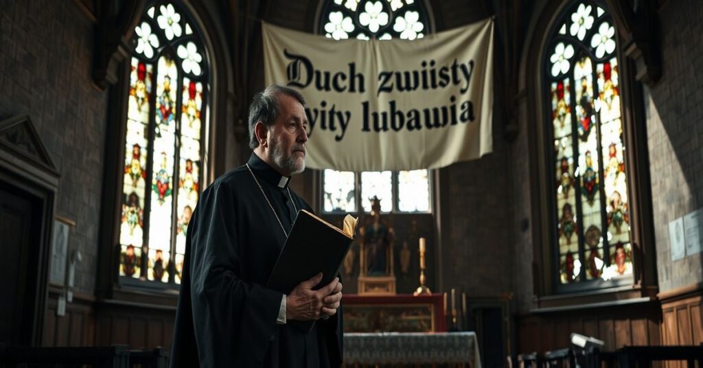 Sedevacantystyczny ksiądz w ruinowanym kościele przed banerem humanistycznym "Duch Święty wybawia"