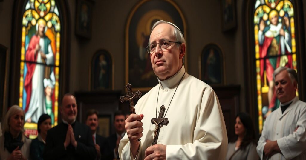 Ksiądz sedevakantystowski w tradycyjnym stroju kościelnym stojący przed grupą modlącej się wiernych w starożytnym kościele z ikonami Chrystusa Króla.