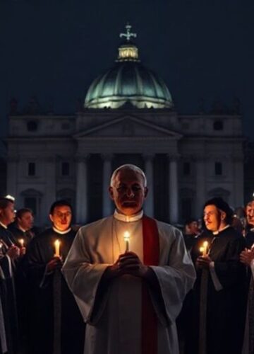 Duchowa próżnia w Watykanie pod rządami antypapieża Grupa kleryków w tradycyjnych sutannach stojących przed pustym Placu Świętego Piotra w Watykanie, ich twarze oświetlone światłem świec.