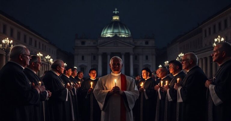 Grupa kleryków w tradycyjnych sutannach stojących przed pustym Placu Świętego Piotra w Watykanie, ich twarze oświetlone światłem świec.