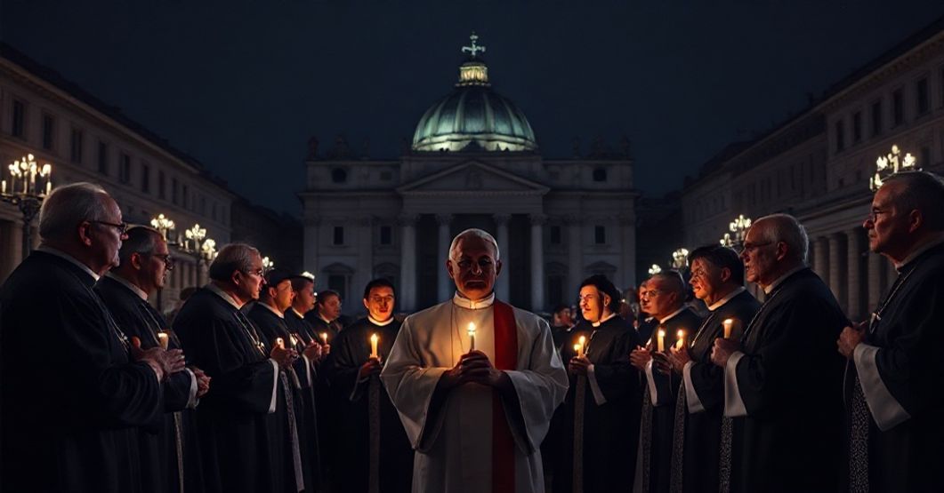 Duchowa próżnia w Watykanie pod rządami antypapieża Grupa kleryków w tradycyjnych sutannach stojących przed pustym Placu Świętego Piotra w Watykanie, ich twarze oświetlone światłem świec.