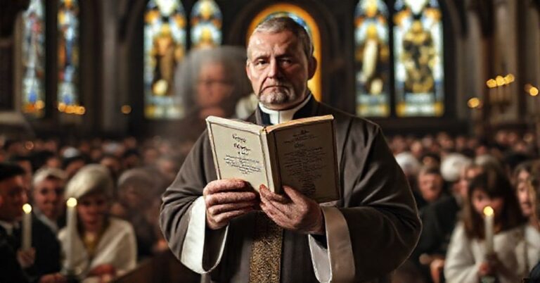 Sedevacantistyczny ksiądz w tradycyjnej szacie liturgicznej stoi przed tłumem w kościele z witrażami i świecami, trzymając książkę z 'Quas Primas' Piusa XI, podczas gdy rozmyta figura Jana Pawła II zanika w tle. Scena podkreśla kontrast między prawdziwą katolicką nauką a herezją modernistyczną.