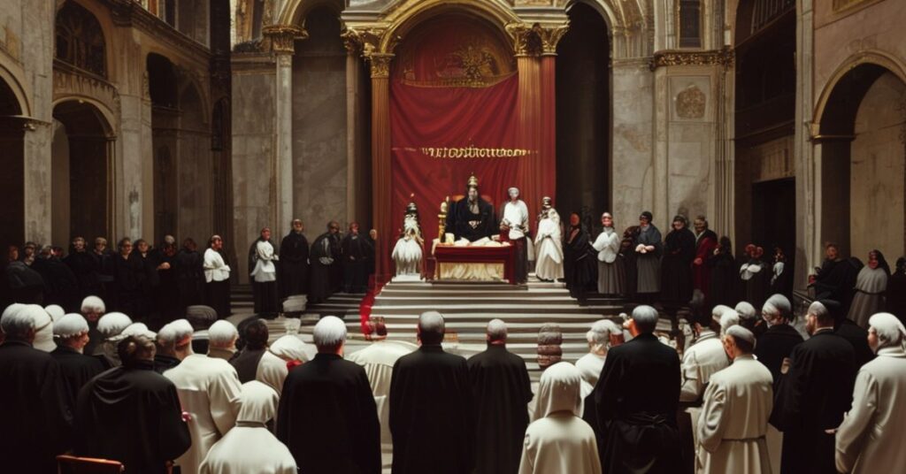 Grupa wiernych katoliców sedevacantystów modli się przed pustym troną papieskim w Bazylice św. Piotra w Rzymie.