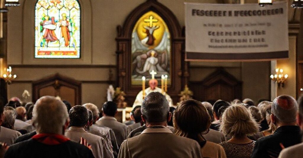 Tradycyjny wnętrze kościoła z siedzowacantystą mszą świętą i wiernymi modlącymi się.