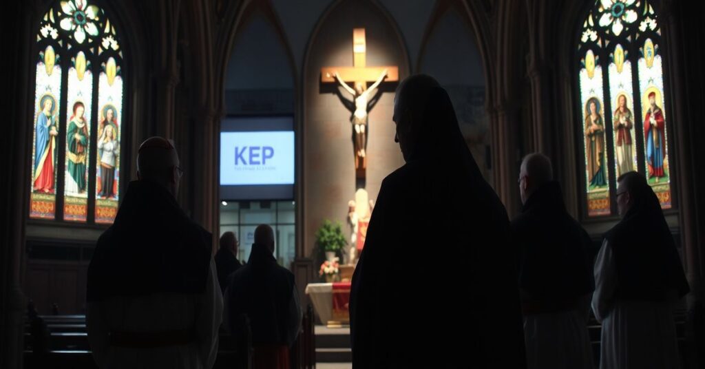 Wnętrze katedry z tradycyjnymi elementami gotyckimi i witrażami przedstawiającymi świętych. Grupa sedevacantistów w kościelnych szatach modli się przed krzyżem. W tle widoczny jest nowoczesny budynek KEP z 'arcybiskupem' Tadeuszem Wojdą na konferencji.