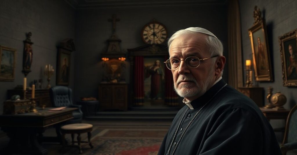 Realistyczny obraz tradycyjnego wnętrza katolickiego z portretem Angeli Gugela, byłego kamerdynera, na pierwszym planie. Scena zawiera melancoliczny widok Watykanu i Aposolskiej Stolicy.