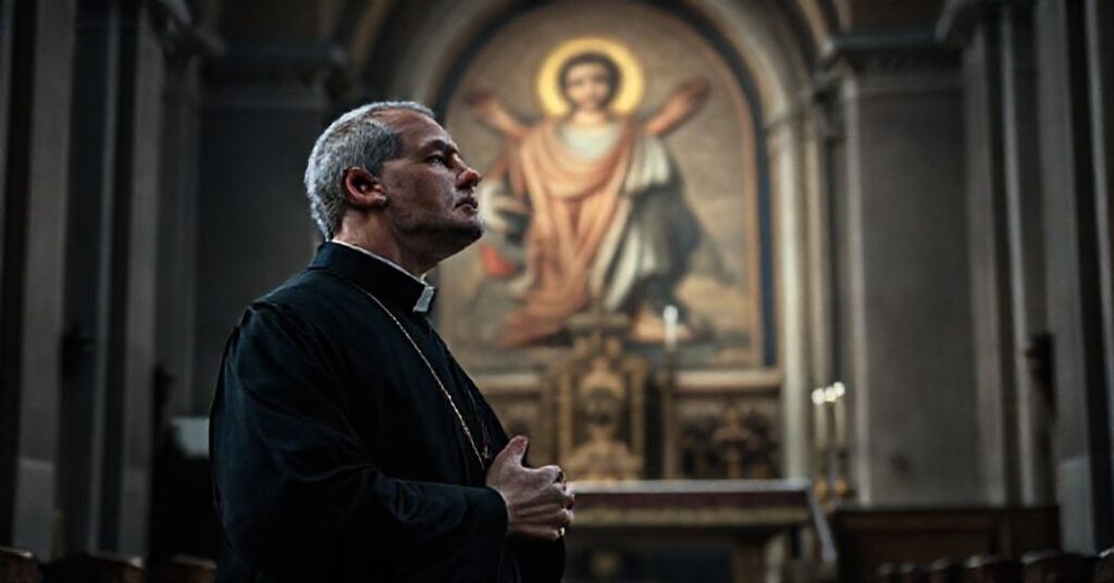 Tradycyjny kapłan sedevacantystowski w kaszule modli się przed zamkniętym tabernakulum w słabo oświetlonej katedrze. Zadumany wyraz twarzy symbolizuje kryzys duchowy Kościoła.