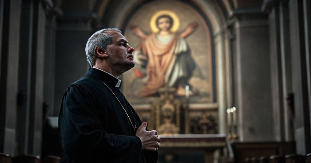 Tradycyjny kapłan sedevacantystowski w kaszule modli się przed zamkniętym tabernakulum w słabo oświetlonej katedrze. Zadumany wyraz twarzy symbolizuje kryzys duchowy Kościoła.