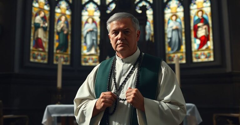 Ksiądz sedevacantysta modlący się przed tradycyjnym ołtarzem z obrazami męczenników hiszpańskich i francuskich na tle kościoła.