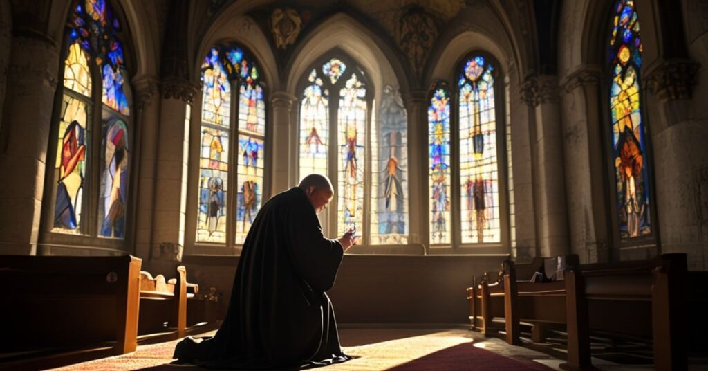 Stary katolicki kapłan modli się w tradycyjnym kościele, podkreślając prawdziwą katolicką modlitwę jako adorację i pokutę.