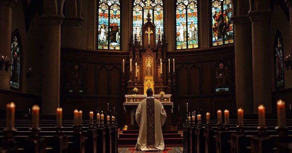 Kneeling sedevacantist priest in traditional Catholic church, praying before tabernacle with candlelight and stained-glass windows reflecting biblical hope.