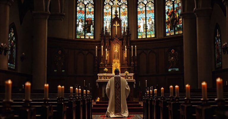 Kneeling sedevacantist priest in traditional Catholic church, praying before tabernacle with candlelight and stained-glass windows reflecting biblical hope.