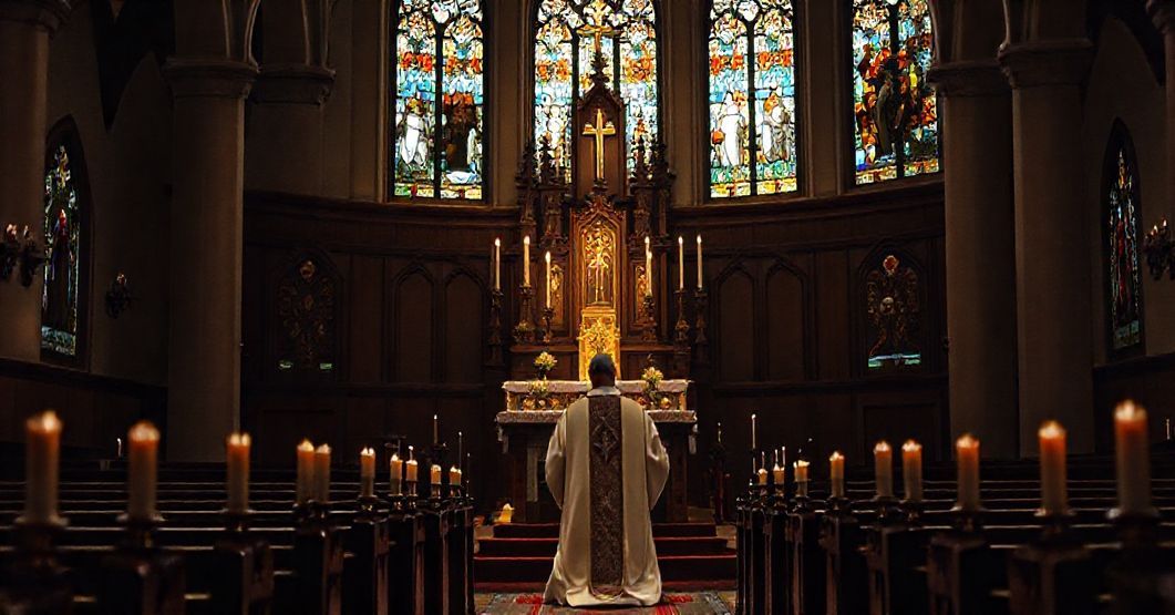 Kneeling sedevacantist priest in traditional Catholic church, praying before tabernacle with candlelight and stained-glass windows reflecting biblical hope.