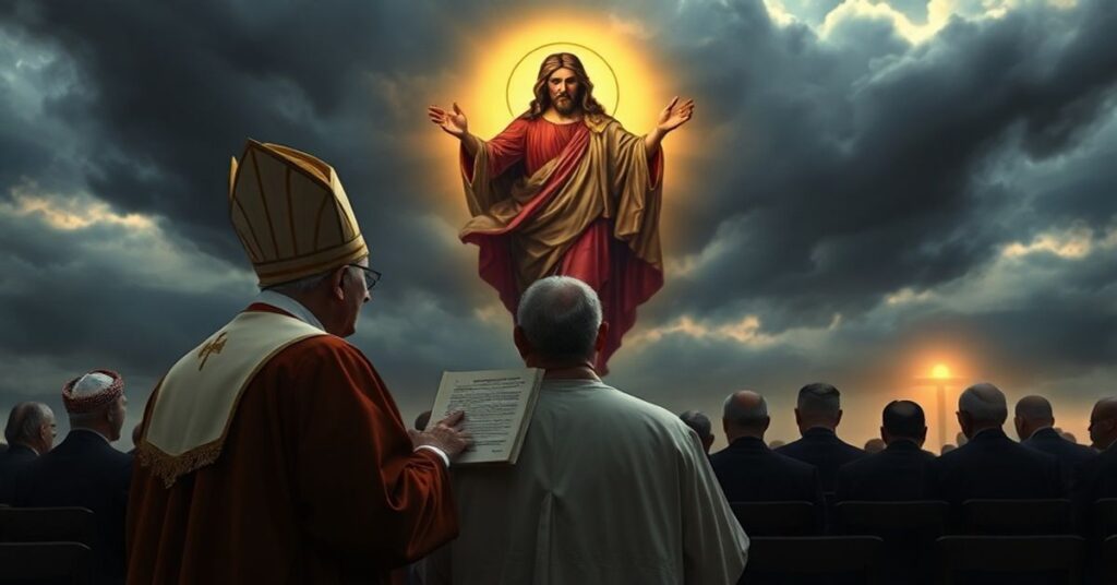 Sedevacantist priest modli się przed obrazem Chrystusa Króla podczas burzy symbolizującej zagrożenie inicjatywą Rady Pokoju Trumpa