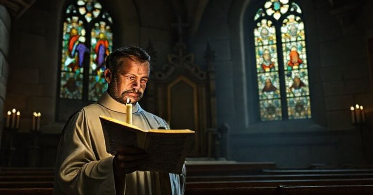 Sedevacantist priest w tradycyjnym kościele katolickim z latarnią i modlitewnikiem
