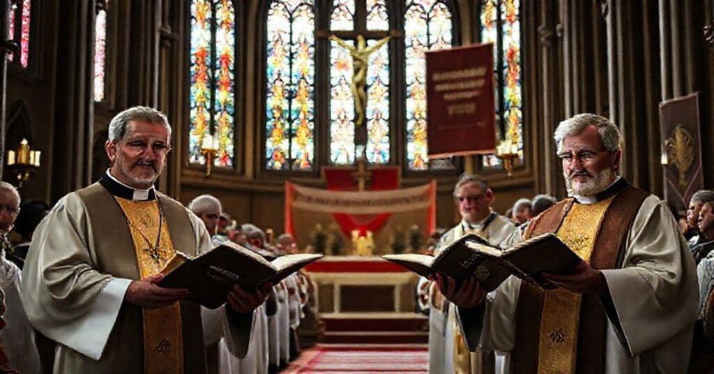 Prawdziwi kapłani sedevacantystów w tradycyjnych szatach liturgicznych bronią Pisma Świętego w katolicyzmie tradycyjnym przed siłą prawa świeckiego.