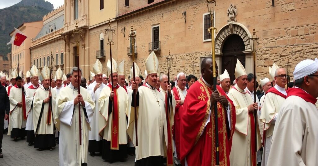 Przedstawienie tradycyjnych katolickich duchownych protestujących przeciwko podróżom fake papieża Leona XIV.