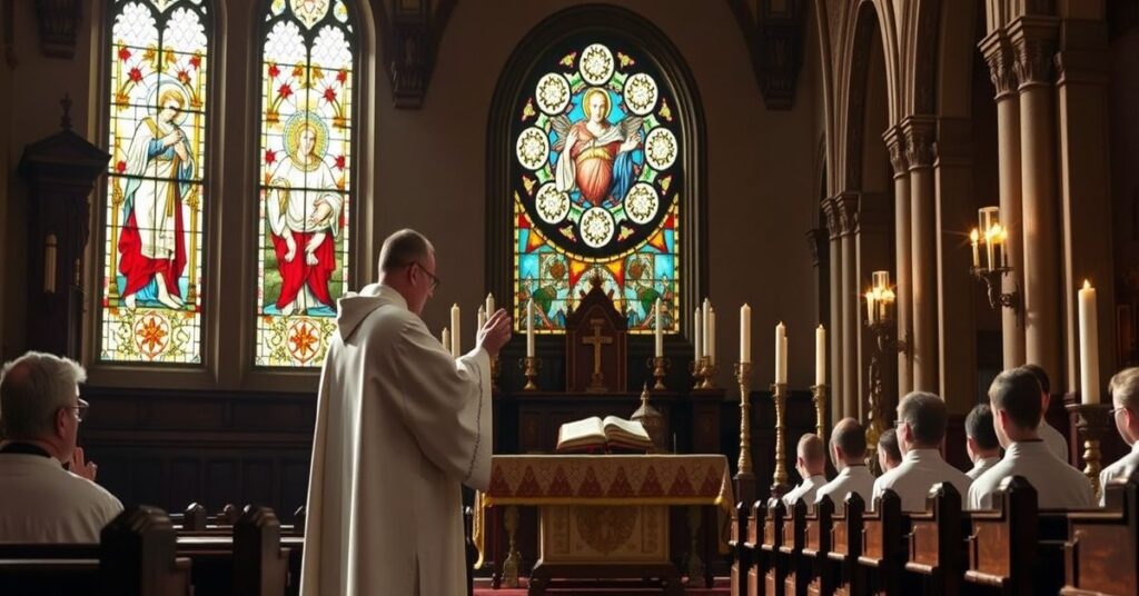 Tradycyjny kościół katolicki z sedewakantystą celebrującym Mszę Trydencką w towarzystwie ministrantów i ołtarzowi z naczyniami liturgicznymi.