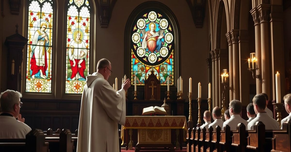Tradycyjny kościół katolicki z sedewakantystą celebrującym Mszę Trydencką w towarzystwie ministrantów i ołtarzowi z naczyniami liturgicznymi.