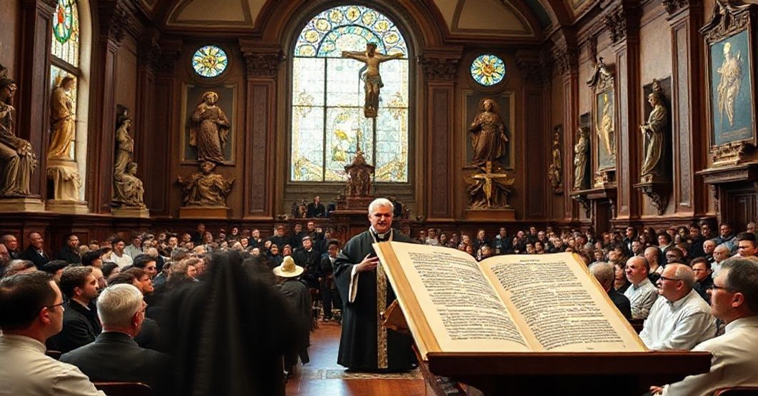 Tradycyjna nauka katolicka w opozycji do modernistycznego dewiacji Sedevacantysta ksiądz w tradycyjnym stroju akademickim wygłasza wykład w auli Papieskiego Uniwersytetu Urbaniana