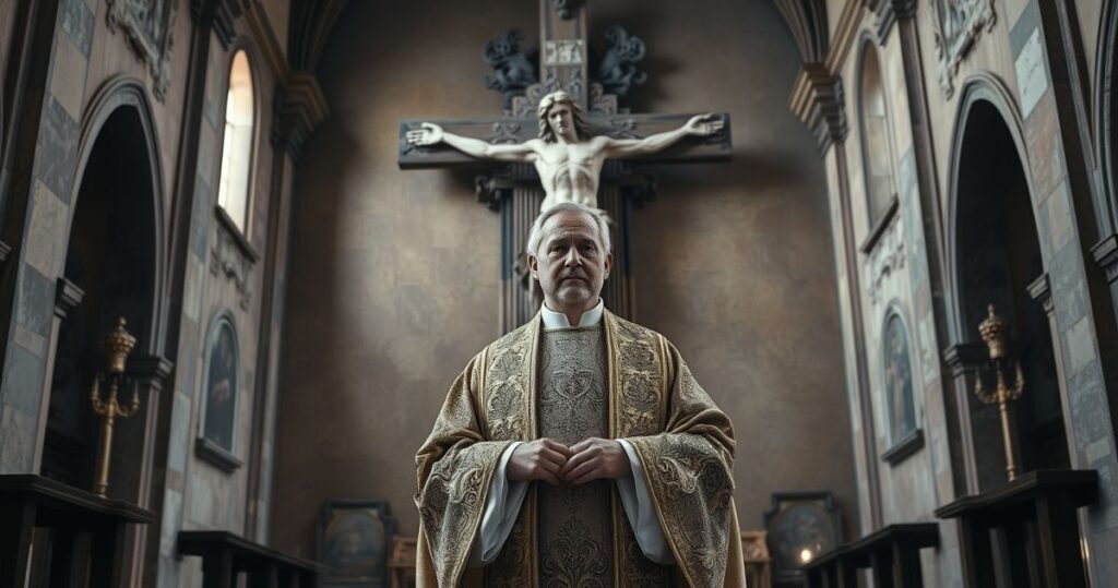 Rewersyjny katolicki kapłan w liturgicznych szatach przed krucyfiksem w kościele, symbolizujący krytykę nowoczesnych zmian w Kościele z perspektywy sedevacantistycznej