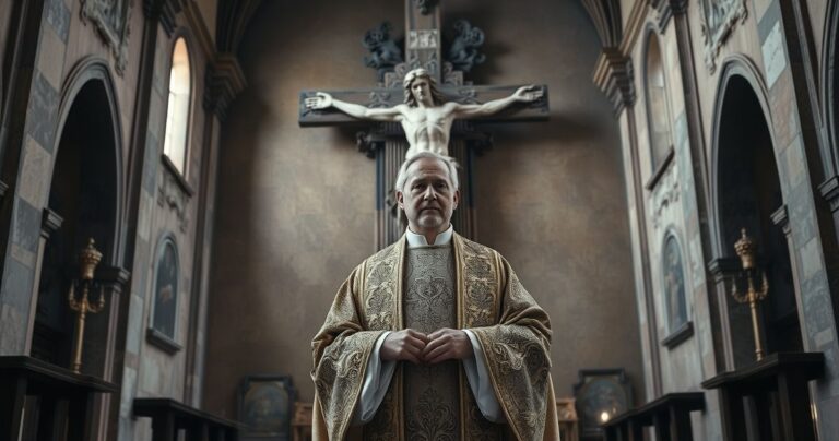 Rewersyjny katolicki kapłan w liturgicznych szatach przed krucyfiksem w kościele, symbolizujący krytykę nowoczesnych zmian w Kościele z perspektywy sedevacantistycznej